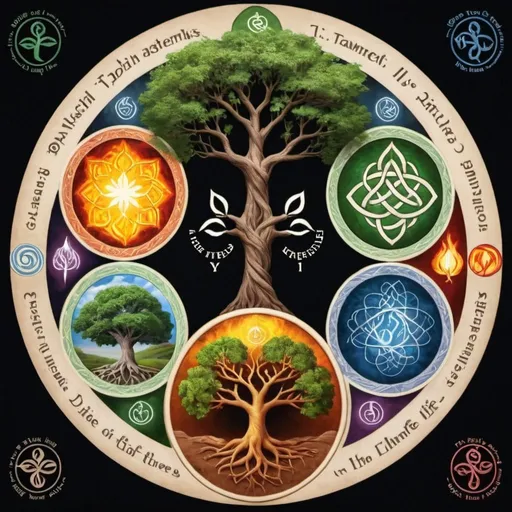 Prompt: The 4 Elements intertwined into the tree of life
