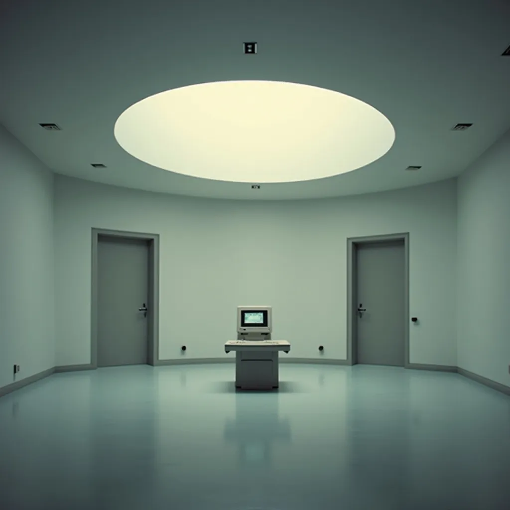 Prompt: Stanley Kubrick aesthetic. Lonely. Sense of danger. Minimalist design. Single computer terminal in a vast open room.