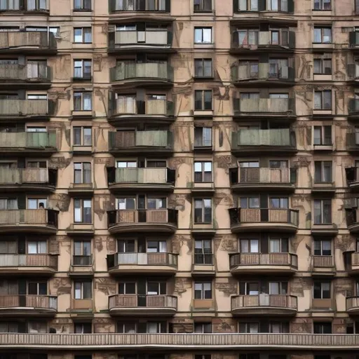 Prompt: High resolution photography front face fasade communist apartment building portrait tall infinity repeat
