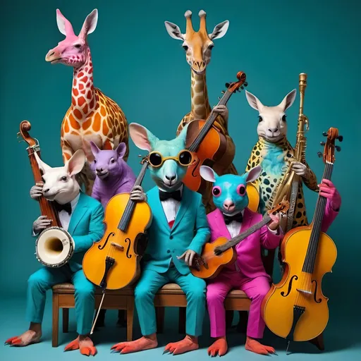 Prompt: Weird colourful animals playing instruments