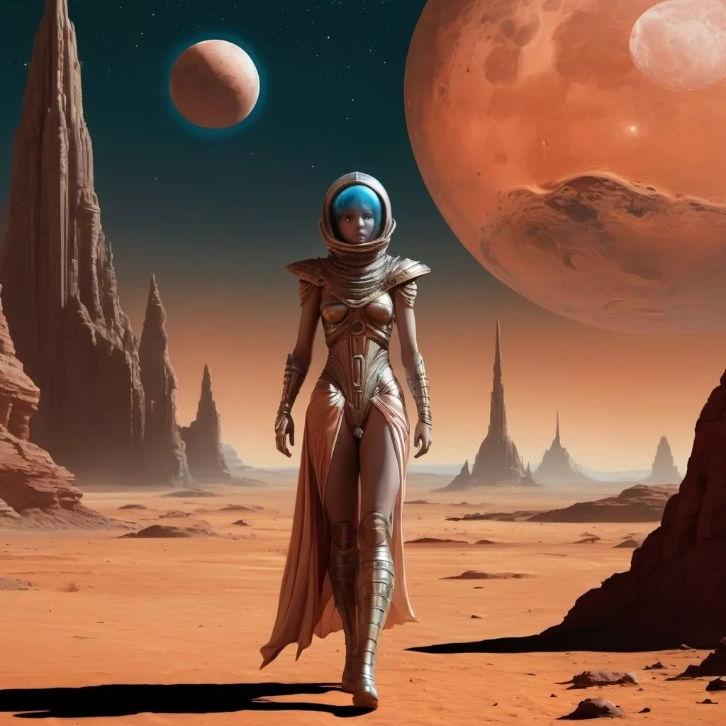 Prompt: The princess of Mars walks in the alien city, two moons in the sky, high detail