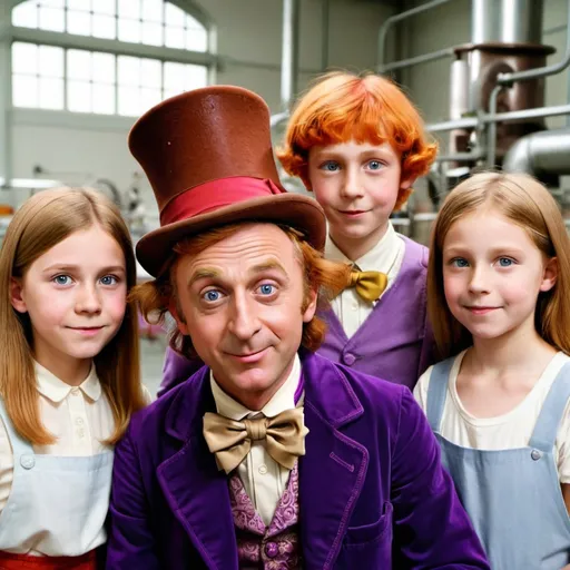 Prompt: A chocolate factory. The owner of the chocolate factory is named Wonka. He wears a hat, has red hair and no beard. He is tall and thin. There are two girls and three boys.