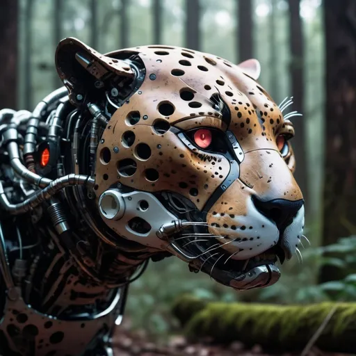 Prompt: close up photo of a cyborg jaguar in a post apocalyptic forest. the lighting is bright at the forefront and dark in the background with smooth colours and a aggressive mood