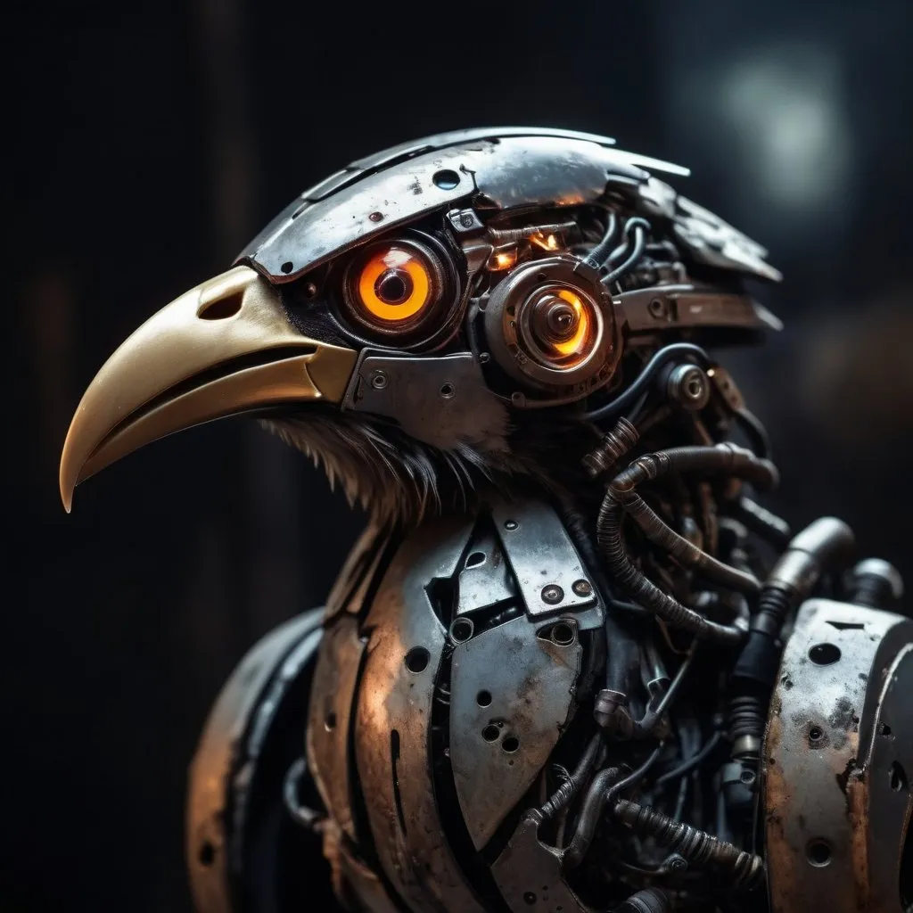 Prompt: close up photo of a cyborg bird in a post apocalyptic background. the lighting is  dark in the with smooth colours and a aggressive mood