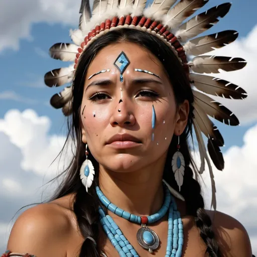 Prompt: native american princess with tears falling down her cheek.  she is in heaven with clouds surrounding her
