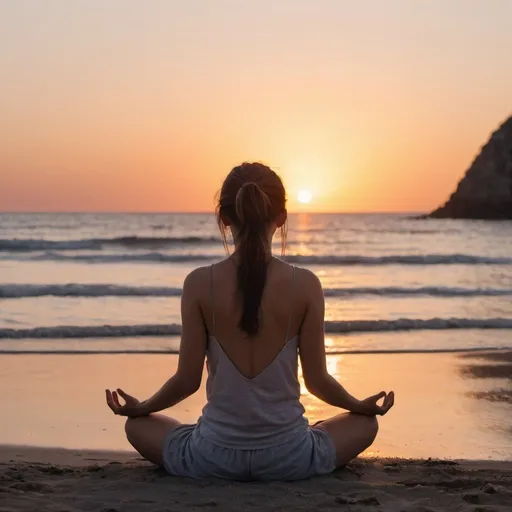 Prompt: 
27 year old woman sitting in the beach with her back facing the sea meditating with sunset/dusk