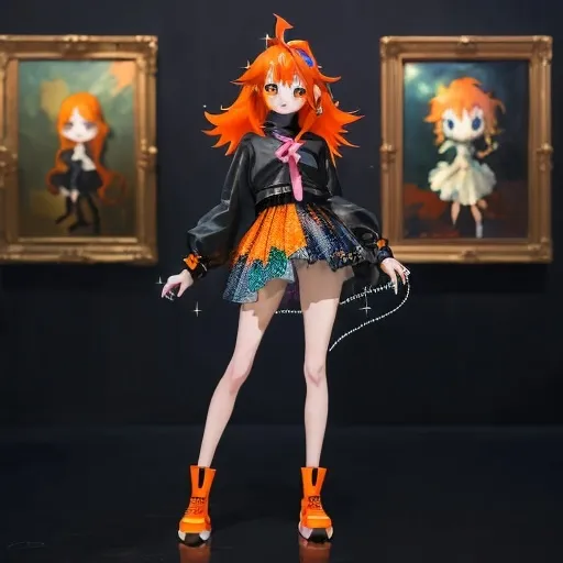 Prompt: Make me a picture of an anime cartoon glitch girl full body with orange hair who is very sparkling Next to all the famous paintings in the world, highly detailed, HD, dark background