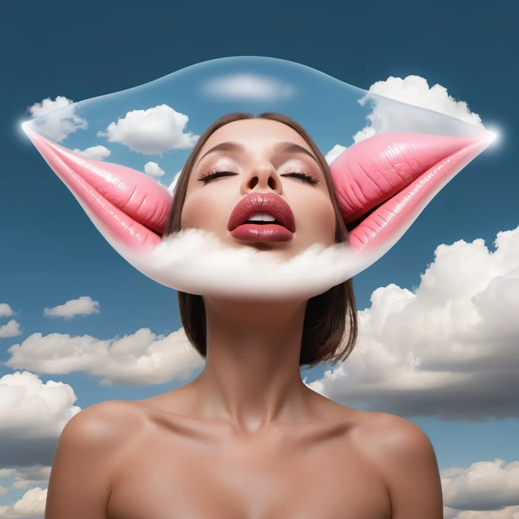 Prompt: Woman with gigantic lips floating away in sky