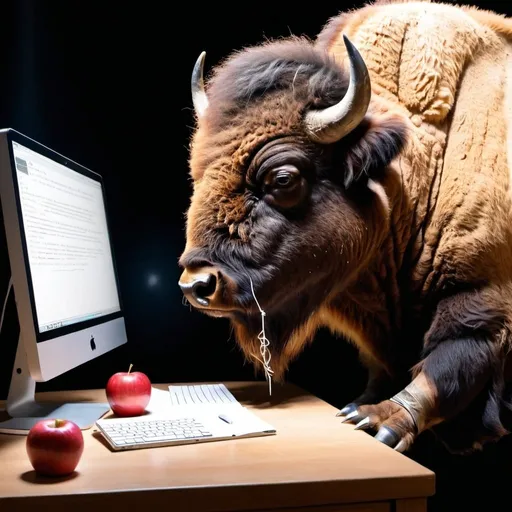 Prompt: A picture of a Bison writing code on an apple computer in the dark

