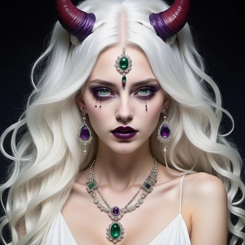 Prompt: white, star-touched skin; her long, white hair which was tied up; her clothing was a simple top tunic with robes; her horns were purple and curled upwards with only two pieces of jewelry, a necklace with a green gemstone and a head piece with two sapphires; she has red eyes and fangs