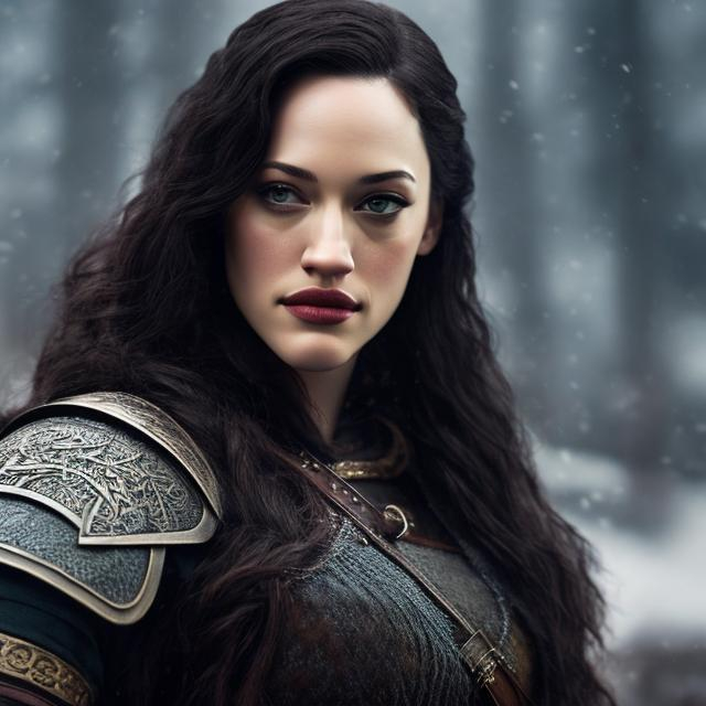 Prompt: Kat Dennings, black hair, create most beautiful fictional female viking princess warrior, extremely detailed environment, detailed background, intricate, detailed skin, professionally color graded, photorealism, 8k, moody lighting