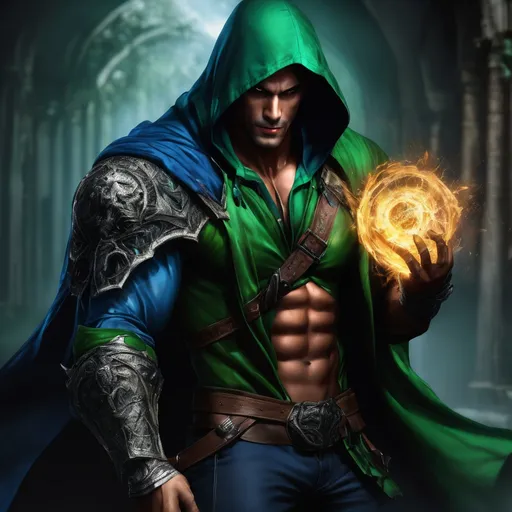 Prompt: Antonio Belpaese from Vampire Survivors as a realistic man, tan skin, muscular build, green fantasy armor, big black boots, blue hoodie, wields long ancient whip as a weapon.