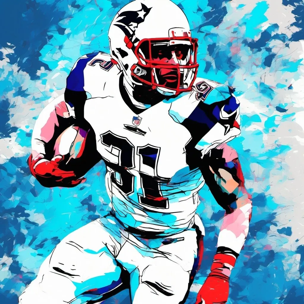 Prompt: Abstract modern painting of New England patriot football player with visible brush strokes and blue and white vintage floral wallpaper in the background