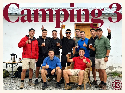 Prompt: This photograph captures a group of twelve men celebrating outdoors, likely after a camping trip. The image is a color photograph with a casual, candid style. The men are standing and sitting on a gravel surface in front of a white, slightly weathered building with a corrugated metal roof and a wooden door. The background also includes a small table with camping supplies, such as a coffee maker and cups, suggesting they have been camping.

The men are dressed in casual outdoor attire, including jackets, shirts, and shorts. Colors in their clothing range from red, black, blue, green, and beige. Most of the men are holding drinks, possibly beer, in their right hands, with several of them giving thumbs-up or peace signs. One man in the center, wearing a black shirt and sunglasses, is raising his drink in a toast. Another man in a red shirt and shorts is seated in a wicker chair, smiling broadly.

The text "Camping 3" is prominently displayed in large, maroon, serif font at the top of the image. The bottom right corner features a small circular logo with a stylized "E" and a circle around it. The overall atmosphere is one of camaraderie and celebration.