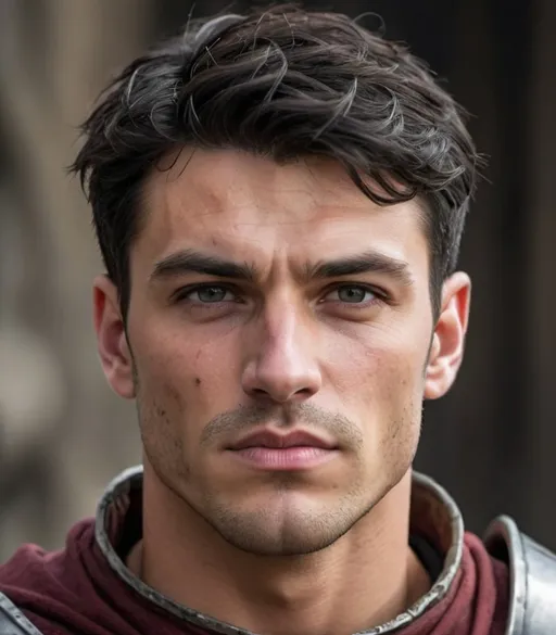 Prompt: Muscular knight, angular face , european handsome , rough, straight nose , scar on the upper lip , short spike black hair