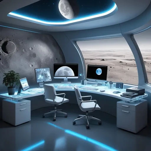 Prompt: A high-tech home office on the moon, sleek workstations, holographic displays, ergonomic furniture, and a large window showing the lunar surface. Soft blue lighting, advanced gadgets, and a serene atmosphere. Created Using: futuristic office design, photorealistic detail, hd quality, advanced technology, ergonomic setup, ambient lighting, lunar views, modern aesthetics --ar 16:9 --v 6.0