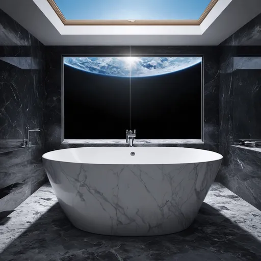 Prompt: A luxurious bathroom on the moon, marble and glass materials, a large soaking tub with a view of the moon's surface, soft ambient lighting, and high-tech fixtures. Earth visible through the skylight, elegant and serene atmosphere. Created Using: contemporary bathroom design, photorealistic textures, hd quality, marble finishes, ambient lighting, panoramic views, minimalist decor, serene ambiance --ar 16:9 --v 6.0