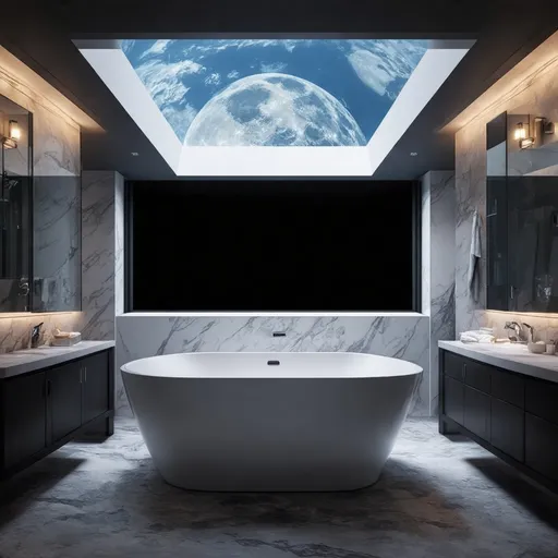 Prompt: A luxurious bathroom on the moon, marble and glass materials, a large soaking tub with a view of the moon's surface, soft ambient lighting, and high-tech fixtures. Earth visible through the skylight, elegant and serene atmosphere. Created Using: contemporary bathroom design, photorealistic textures, hd quality, marble finishes, ambient lighting, panoramic views, minimalist decor, serene ambiance --ar 16:9 --v 6.0