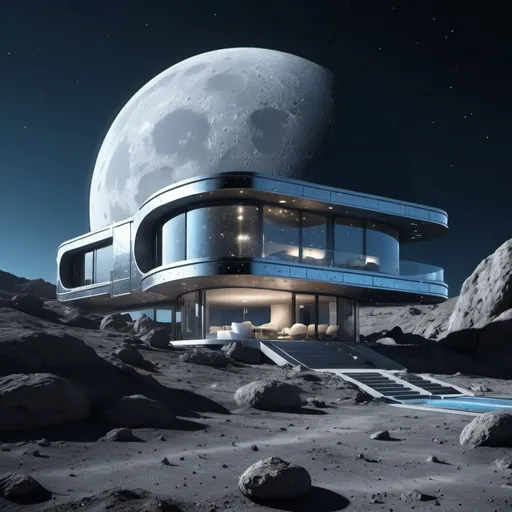 Prompt: A futuristic mansion on the moon, sleek glass and metal structure, reflecting the lunar surface, surrounded by craters and rocks. Earth visible in the dark sky, stars twinkling. Soft blue lighting from the mansion contrasts with the harsh lunar landscape. Created Using: architectural rendering, photorealistic textures, sci-fi aesthetics, modernist design, hd quality, lunar dust effects, atmospheric glow, dynamic lighting --ar 16:9 --v 6.0