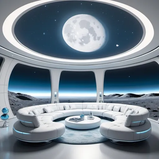 Prompt: A futuristic living room on the moon, large floor-to-ceiling windows overlooking the lunar surface, sleek modern furniture, floating sofas, and holographic entertainment system. Ambient lighting from hidden sources, soft blue and white tones, lunar landscape visible outside. Created Using: contemporary interior design, photorealistic textures, hd quality, minimalist aesthetics, advanced technology, lunar ambiance, soft illumination, panoramic views --ar 16:9 --v 6.0