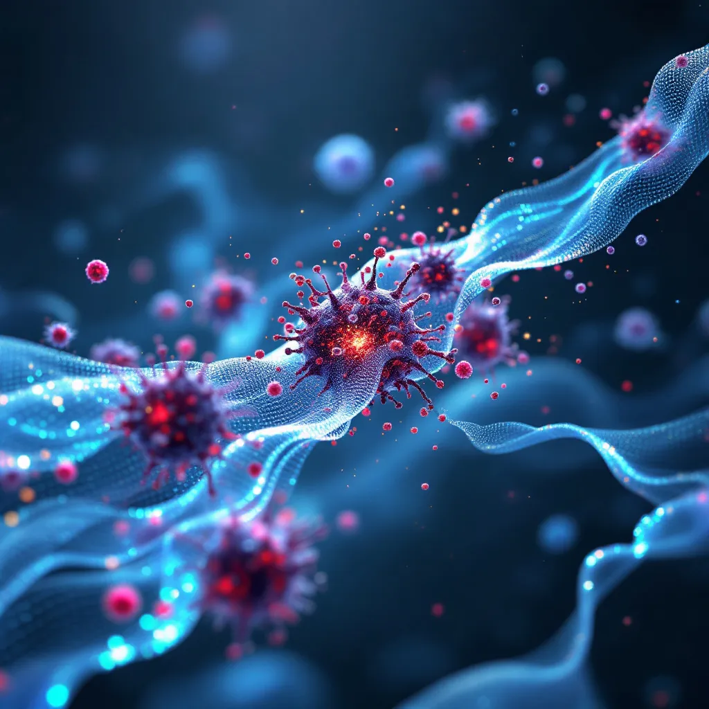 Prompt: "A ultra-detailed 3D scientific rendering of nanofiber-based targeted drug delivery for reproductive cancers (prostate, cervical, ovarian), photorealistic style. The scene includes:

1. Nanofibers as drug carriers: Electrospun polymer/metal hybrid nanofibers (sleek, fibrous, mesh-like structure) with embedded glowing nanoparticles (gold/blue, representing anticancer drugs). Highly detailed nanotechnology aesthetic, sci-fi glow.  
2. Directional delivery: Dynamic flow of nanofibers (silver/blue strands with motion blur effect) actively targeting a cluster of cancer cells (dark red/purple, irregular spiky shapes). Use subtle light trails to show precise movement.  
3. Tumor interaction: Cancer cells showing disintegration (some bursting with particle effects, others shrinking) upon contact with nanofibers. Microscale details visible.  
4. Background: Minimalistic dark blue/gray backdrop with faint translucent silhouettes of reproductive organs (prostate, uterus/ovaries) for anatomical context.  

Style: Photorealistic medical illustration meets conceptual molecular art. Color palette: Cool metallic tones (silver/blue) for nanofibers, warm hazardous tones (red/purple/black) for tumors. Lighting: Volumetric sci-fi glow to highlight nanofiber activity. Critical tech specs: Ultra HD, 8k, high-resolution, no text, no labels, no words, macro view, biopunk aesthetic."