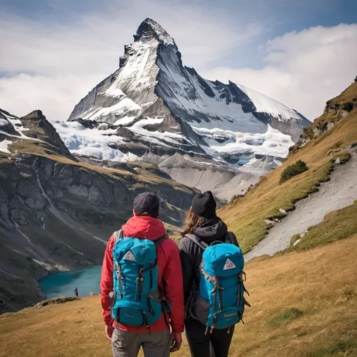 Prompt: An adventure picture with the Matterhorn in the background featuring 2-3 backpackers. I need the brand name aswell "HYLL", on the left side of the Matterhorn should be the Letters H and Y and on the right side of the mountain should be the letters L and L. They should be written modern and simple. One of the backpacker is looking at the camera( us). This person is smiling. The other two are looking forward, to the Matterhorn. So you only see the back of the 2 Persons. One of the backpackers should be dark-skinned.