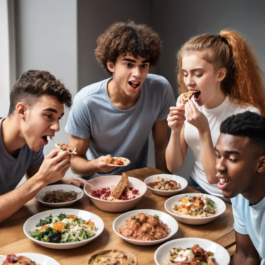 Prompt: YOUNG MEN AND WOMEN 


 EATING