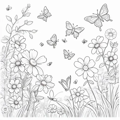 Prompt: simple children's line drawing for colouring in of a spring scene with flowers butterflies and bees
