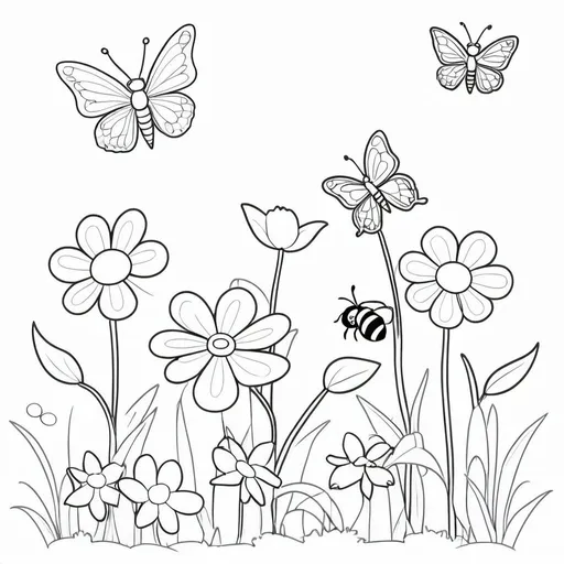 Prompt: very very very simple children's line drawing for colouring in, spring scene with three flowers 2 butterflies and 1 bee

