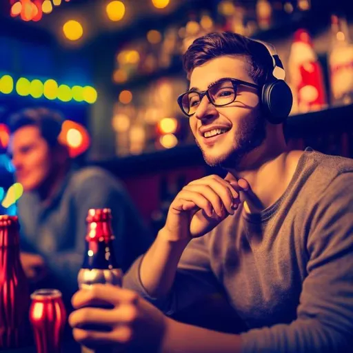 Prompt: Picture of young guy  from university listening nice music and sitting at bar drinking coca-cola with friends. He is a bit fat and enjoying Christmas time. He is a gamer