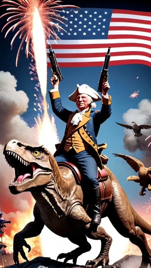 Prompt: George Washington holding a machine gun riding an eagle and Teddy Roosevelt holding a rocket launcher riding a t-Rex. Both are celebrating after winning a battle. Patriotic background with an American flag and fireworks.