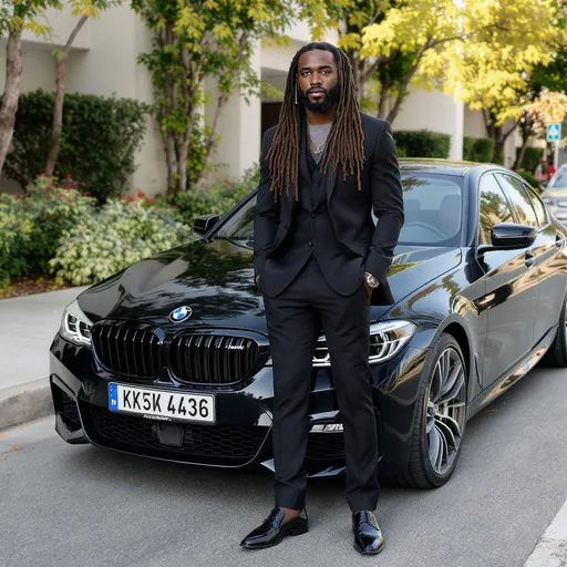 Prompt: A confident stylish black man with long dreadlocks and a fit and athletic build. He's wearing a black Italian tailored suit, Black dress shoes and his facial expression is chill but confident. He is standing next to his BMW automobile. 