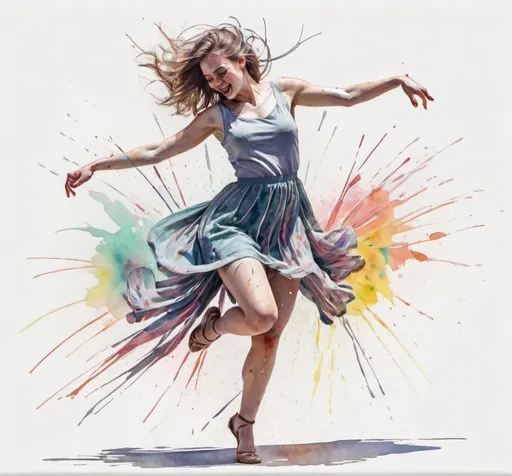 Prompt: A watercolour painting of a young woman dancing exuberantly. Motion lines, swoops and motion blur. Artistic paint and ink spatter. Pastel colour palette, with splashes of vivid, vibrant accents