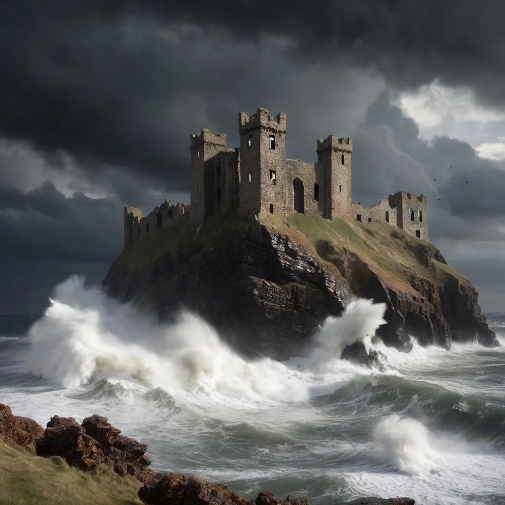 Prompt: A ruined castle on the edge of a cliff, on a stormy day with dark, dramatic clouds and tall waves crashing against the cliff, throwing up lots of sea spray.