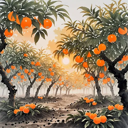 Prompt: A tangerine orchard at dawn, ground fog clinging to the soil, golden sunlight filtering through the leafy canopy, highlighting the bountiful orange fruits. 