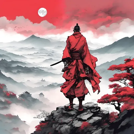 Prompt: samurai monk in red cape, red costume standing on the mountain top, looking down on the world, foggy