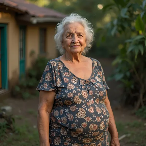 Prompt: criar imagem de uma senhora de 87 de mostre o corpo inteiro, no fundo imagens de uma quintal, porém é brasileira.  principal é de corpo inteiro