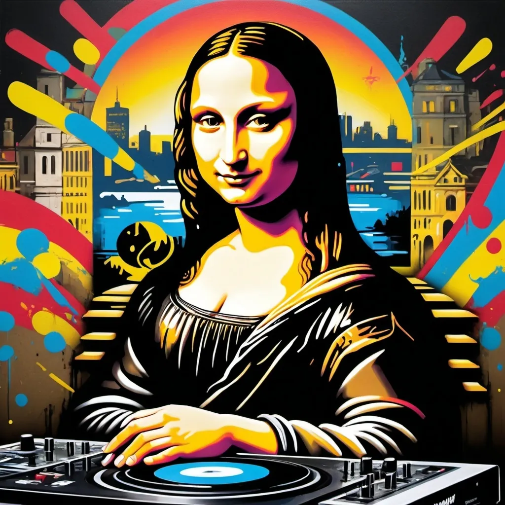 Prompt: Monalisa, DJ, Art steet, primary color, 