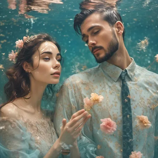 Prompt: <mymodel>Portrait of me and a husband with daring yet lovely style, swimming underwater, detailed facial features, he cherishes my face softly, soft pastel tones, dreamy lighting, high quality, loving couple, Islamic style, elegant dress, portrait