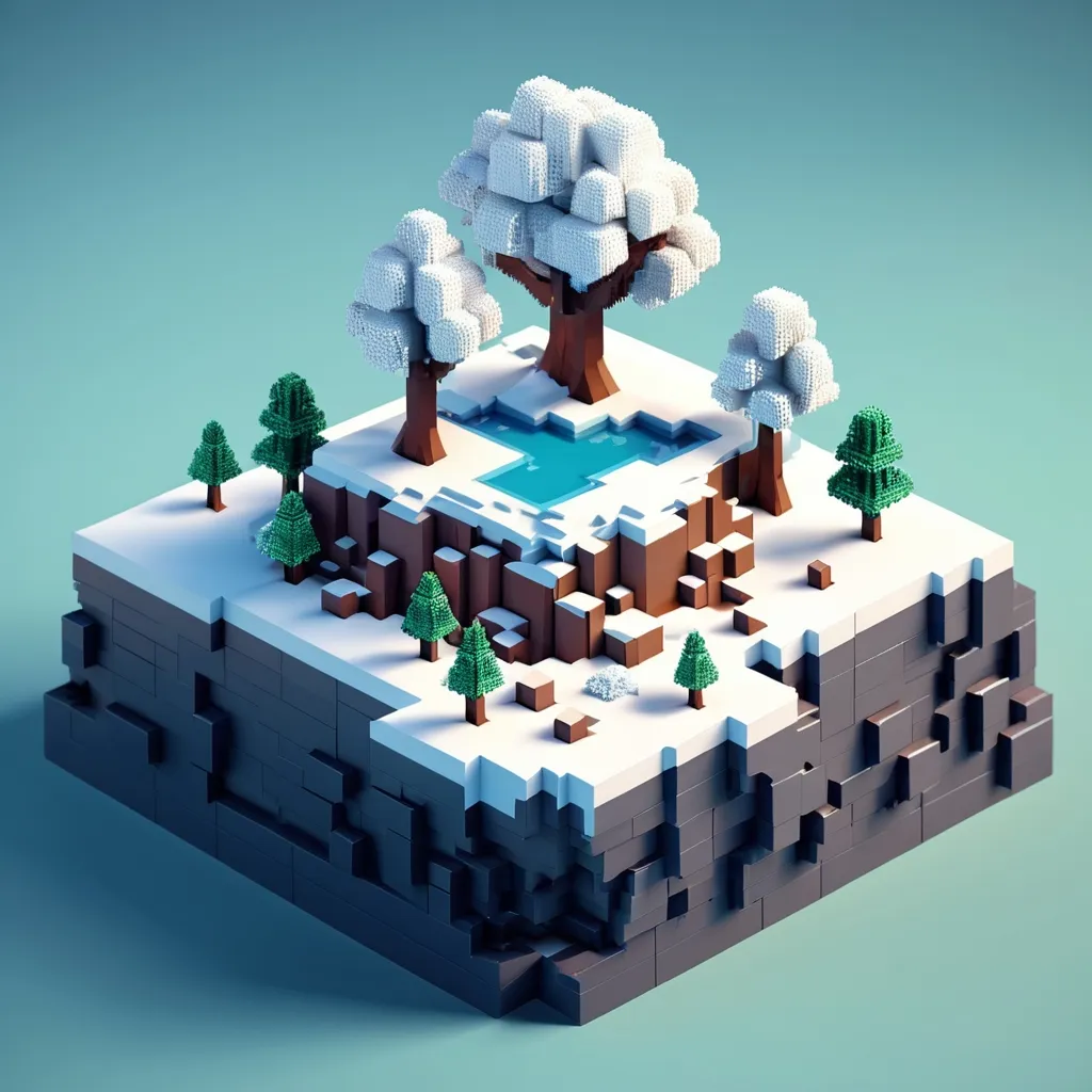 Prompt: voxel 3d render, blocks, island with snow ant trees
