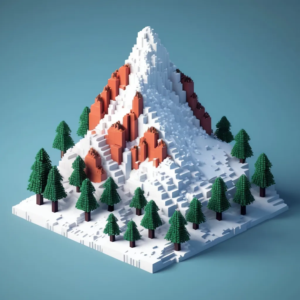 Prompt: voxel 3d render, blocks, mountain with snow ant trees