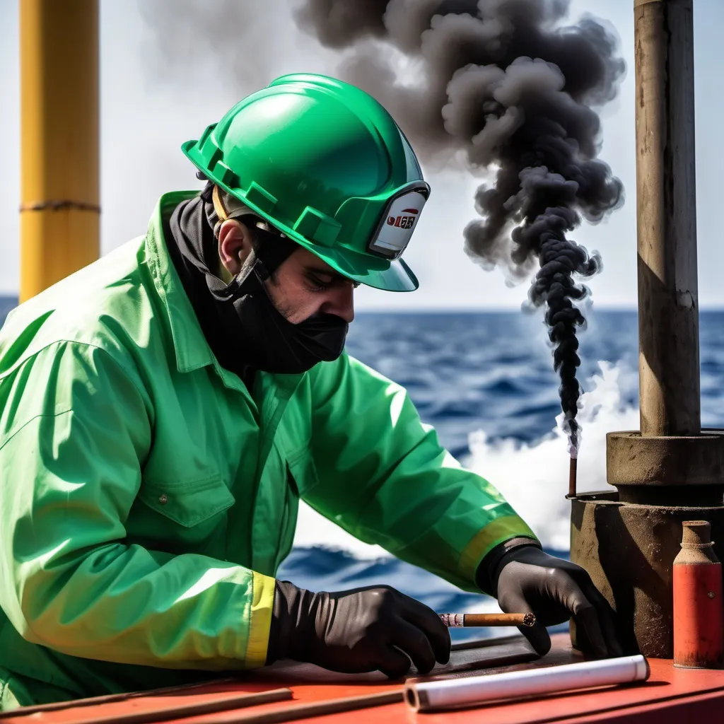 Prompt: lavoratore su una piattaforma offshore che fuma una sigaretta, indossa un casco di colore verde