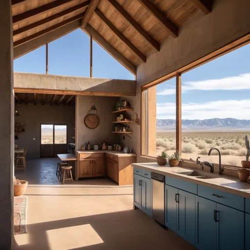 Prompt: A barn house off grid in the low desert of new mexico with minimum finishings natural sunlight 3 bedrooms with an open kitchen and living room concrete