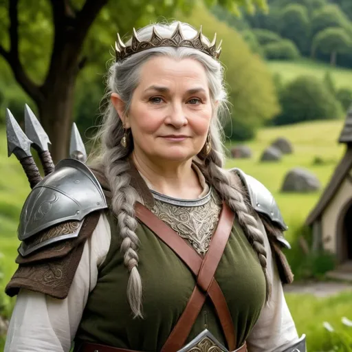 Prompt: A proud hobbit queen in warrior armor. Landscape is green and lush and looks like a village for hobbits. She is around 60 years old, normal body size but she is wide and motherly and she has a crown on top of her head where she also has the hair braided. gray hair. she looks strong. She is chubby