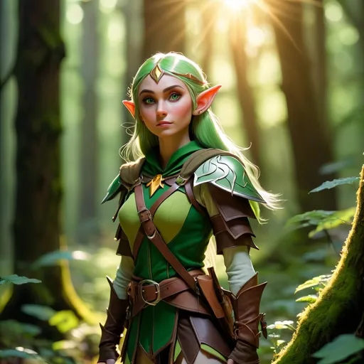 Prompt: Elf ranger in a mystical forest around sunlight