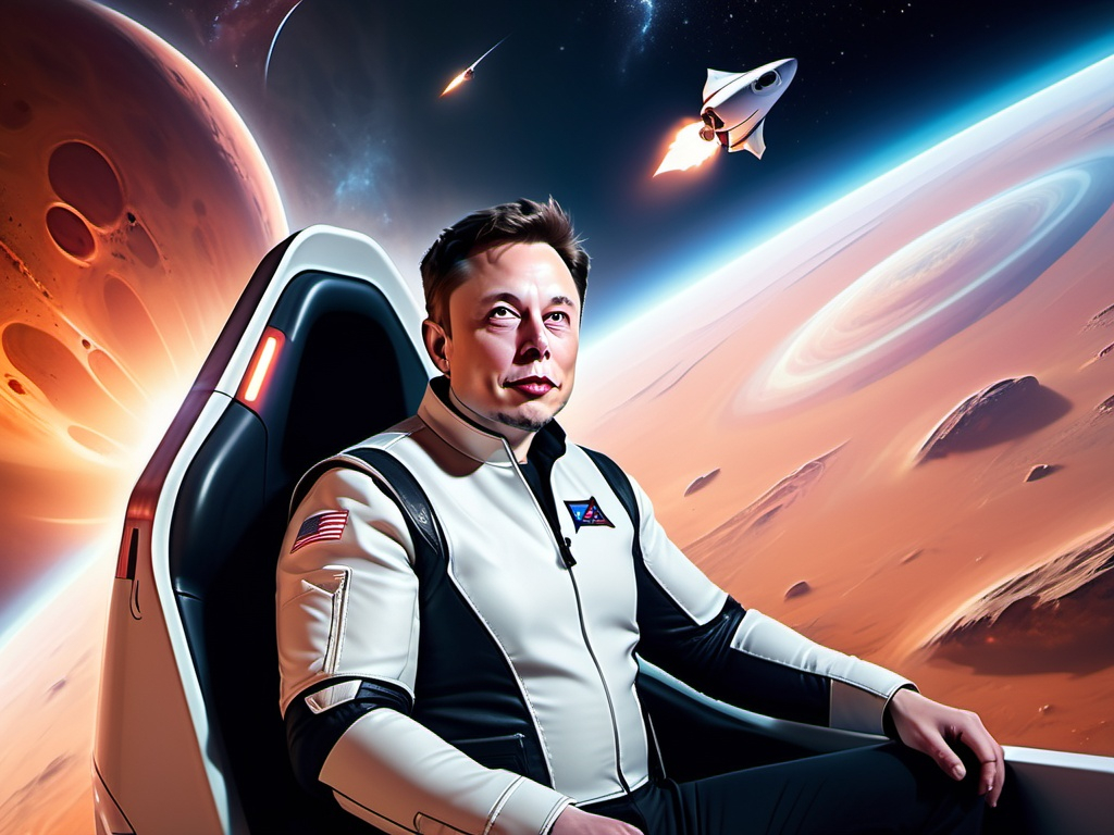 Prompt: Elon Musk sitting confidently on a spaceX starship rocket, soaring through the starry expanse towards Mars, bright red planet visible in the background, dynamic motion, epic adventure, cosmos filled with colorful nebulae, radiant starlight illuminating the scene, conveying excitement and ambition, high detail, ultra-detailed, cinematic masterpiece, vastness of space accentuating the thrilling journey.