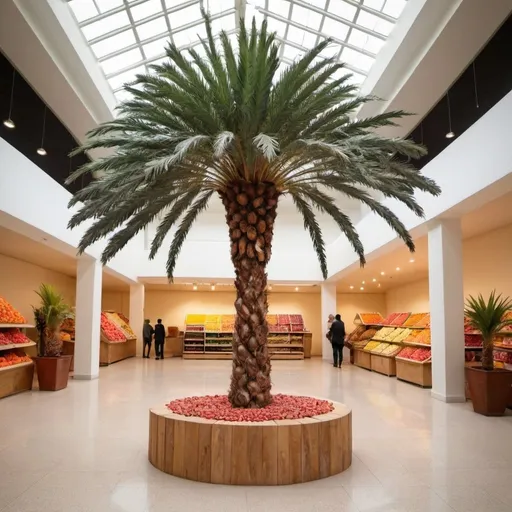 Prompt: date palm tree, art installation, indoor, fruit stand