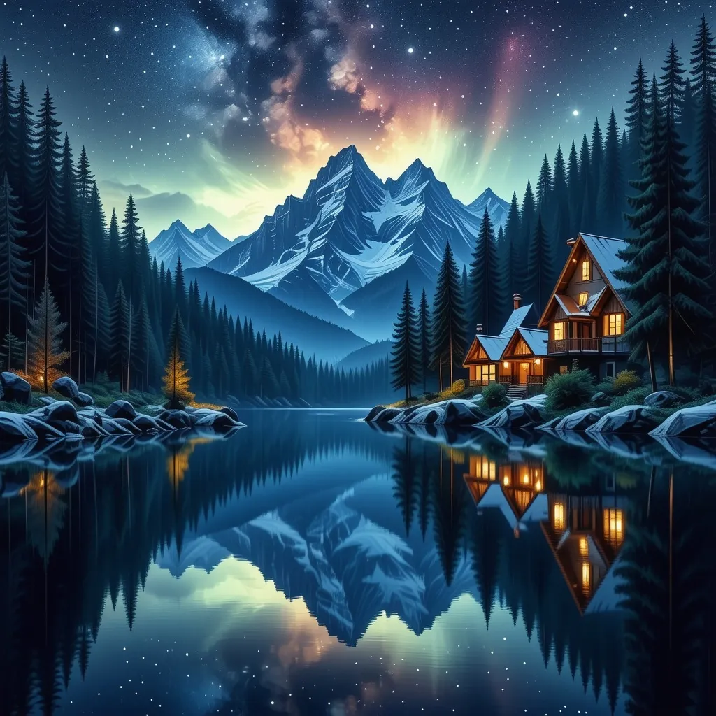 Prompt: Realistic moonlit forest blending seamlessly with natural landmarks, perspective overlooking a large mirror-smooth lake that reflects the enchanting scenery. The clear night sky is filled with countless stars, and an aurora dances above, casting ethereal colors across the landscape. In the distance, majestic snow-capped mountains rise, their peaks glistening under the moonlight. A small village can be seen nestled among the trees, illuminated by warm lights, creating a breathtaking and serene atmosphere that invites exploration and wonder.