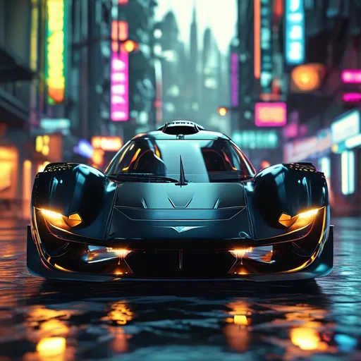 Prompt: The image is a highly detailed, CGI-rendered scene depicting a futuristic, neon-lit cityscape at night. The central focus is a sleek, armored vehicle with a distinctive, futuristic design, painted in a combination of matte black and metallic silver. The car features a prominent, angular front end with two bright, glowing headlights, and two rectangular, LED-lit panels on the hood.




