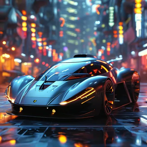 Prompt: The image is a highly detailed, CGI-rendered scene depicting a futuristic, neon-lit cityscape at night. The central focus is a sleek, armored vehicle with a distinctive, futuristic design, painted in a combination of matte black and metallic silver. The car features a prominent, angular front end with two bright, glowing headlights, and two rectangular, LED-lit panels on the hood.




